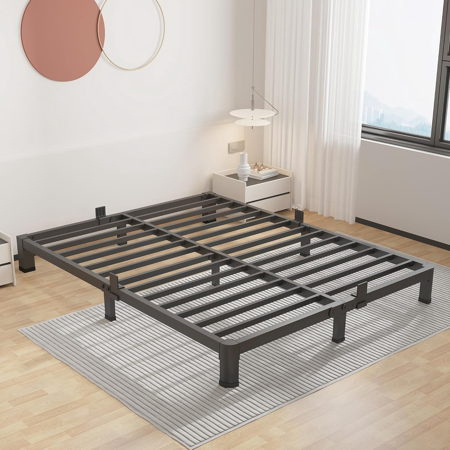 14 inch Metal Queen Bed Frame with Rounded Corner and Headboard Hole ...