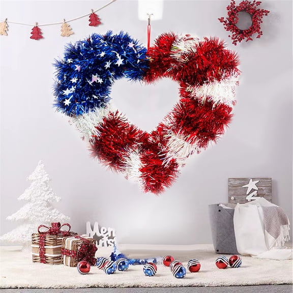 14 inch Patriotic Tinsel Wreath 4th of July Red White Blue Garland Artificial Heart Shape American Star & Stripe Wreaths Glittering Metallic Star Heart Shape Hanging Ornaments for Independence Day