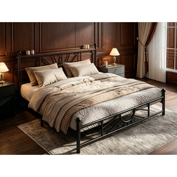 14 inch Queen Size Metal Platform Bed Frame with Headboard, Victorian Queen Bed Frame with Under Bed Storage, No Box Spring Needed, Noise-Free, Easy Assembly, Black