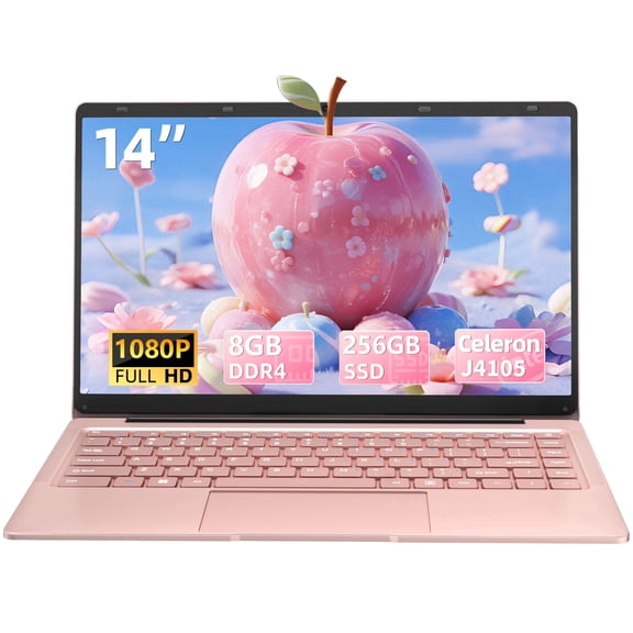 Rumtuk 14-inch Rose Laptop, 8GB DDR4 RAM, 256GB SSD, Celeron J4105 Quad-Core, IPS FHD, Win 11 Pro/Office 2019,180° Hinge, Webcam, TF Card Slot, USB 3.0, Ultra-Portable PC Notebook for Work Study