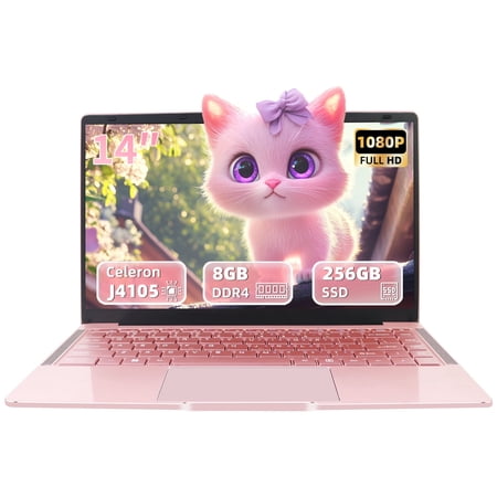 Rumtuk 14-inch Rose Gold Laptop, 8GB LPDDR4 RAM, 256GB SSD,Win 11 Pro FHD IPS, 180° Hinge, Webcam, TF Card Slot,Mouse & Mouse Pad Bundle, Ultra Light-2.76lb Notebook for Home Office Study Play,Pink
