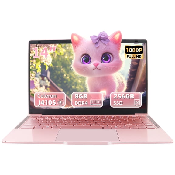 Rumtuk 14-inch Rose Gold Laptop, 8GB LPDDR4 RAM, 256GB SSD,Win 11 Pro FHD IPS, 180° Hinge, Webcam, TF Card Slot,Mouse & Mouse Pad Bundle, Ultra Light-2.76lb Notebook for Home Office Study Play,Pink
