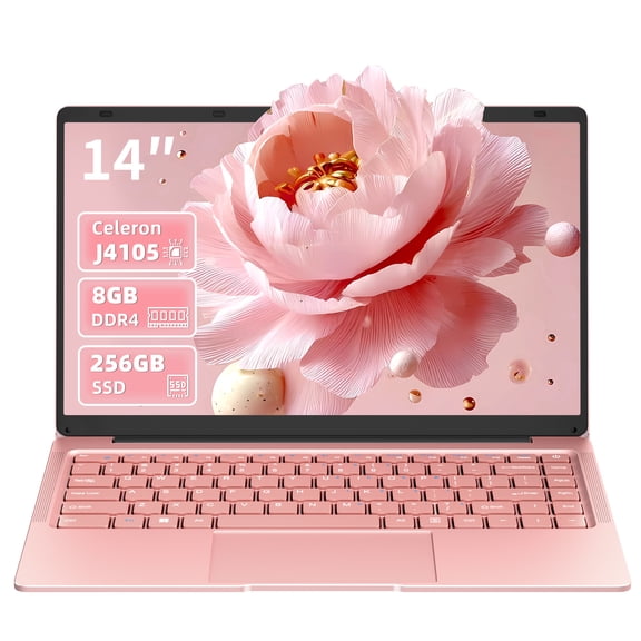 Rumtuk 14-inch Rose Gold Laptop, 8GB LPDDR4 RAM, 256GB SSD,Win 11 Pro FHD IPS, 180° Hinge, Webcam, TF Card Slot,Mouse & Mouse Pad Bundle, Ultra Light-2.76lb Notebook for Home Office Study Play
