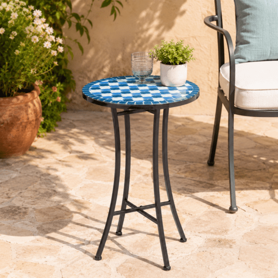 14 inch Side Table, Round Iron Top End Table, Indoor Outdoor Accent Table, Blue & White Checkered Mosaic
