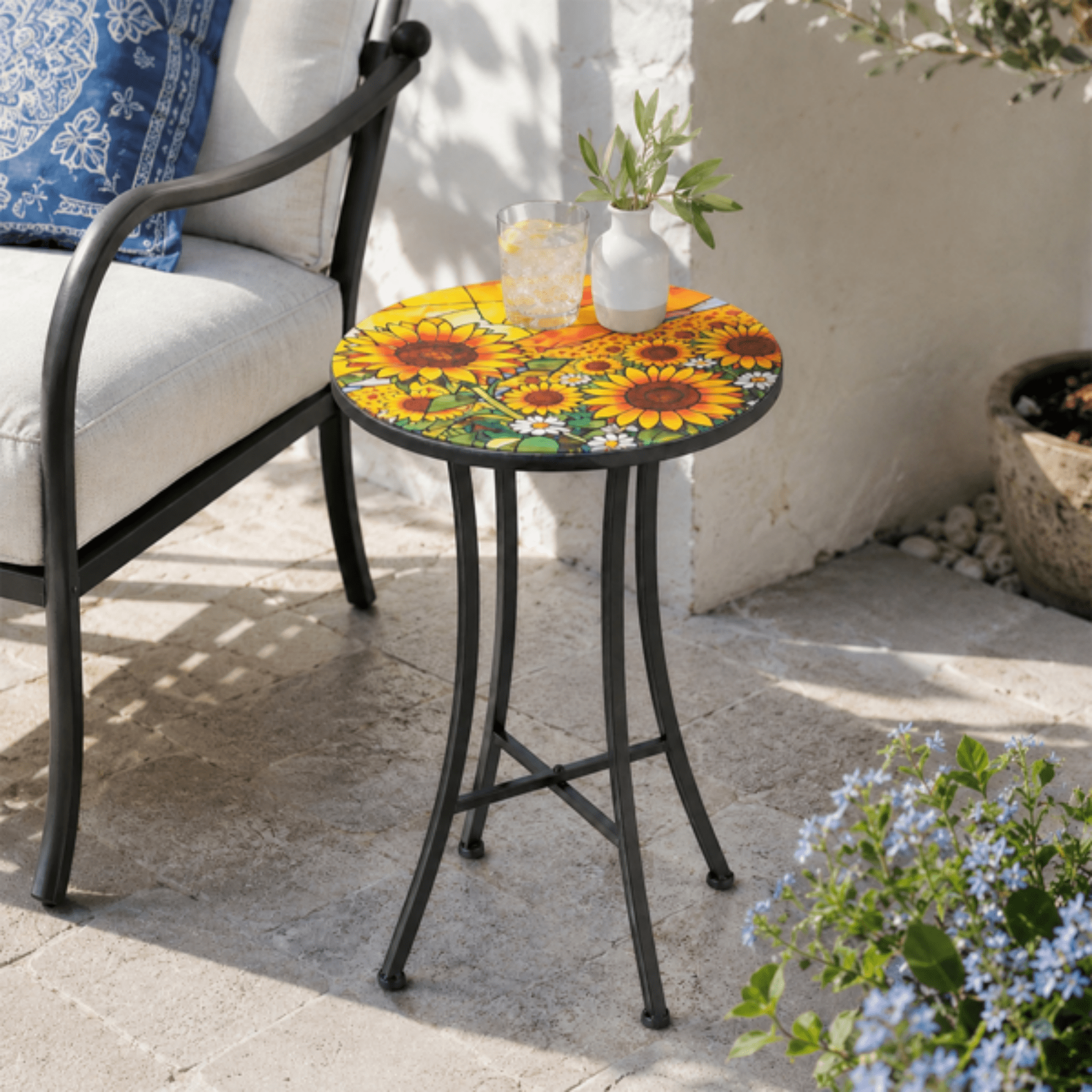 14 inch Side Table, Round Iron Top End Table, Indoor Outdoor Accent Table, Sunflower Mosaic