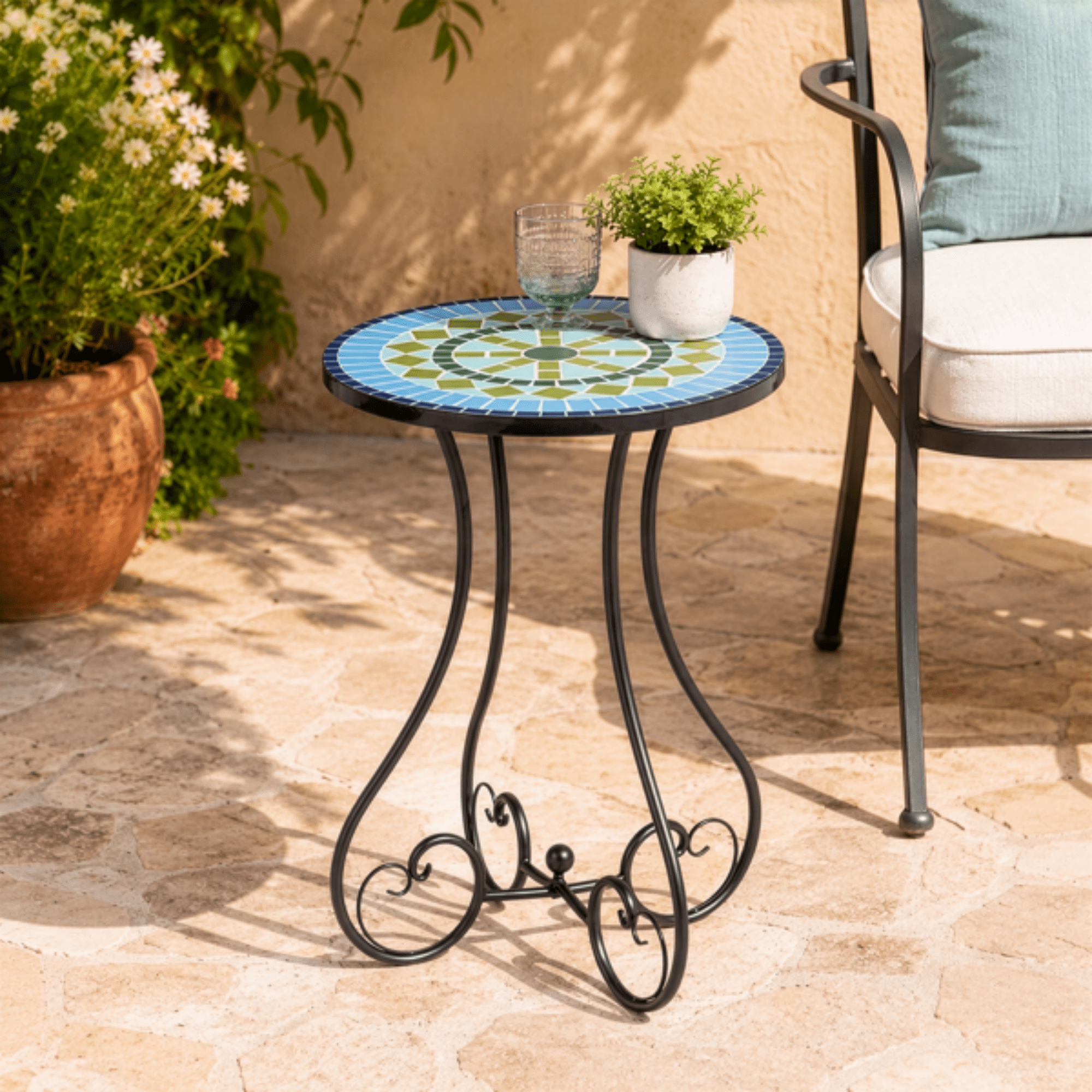 14 inch Side Table, Round Iron Top with Butterfly Legs, Indoor Outdoor Accent End Table, Mediterranean Blue-Green Mosaic
