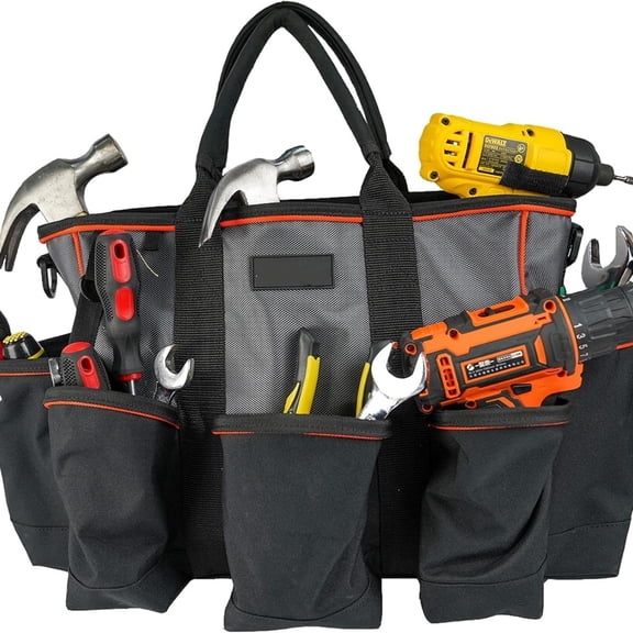 14 inch Supply bag Open Top Tote tool bag Tool Organizer bag with shoulder strap for Cleaner, Contractor, HVAC (Gray)