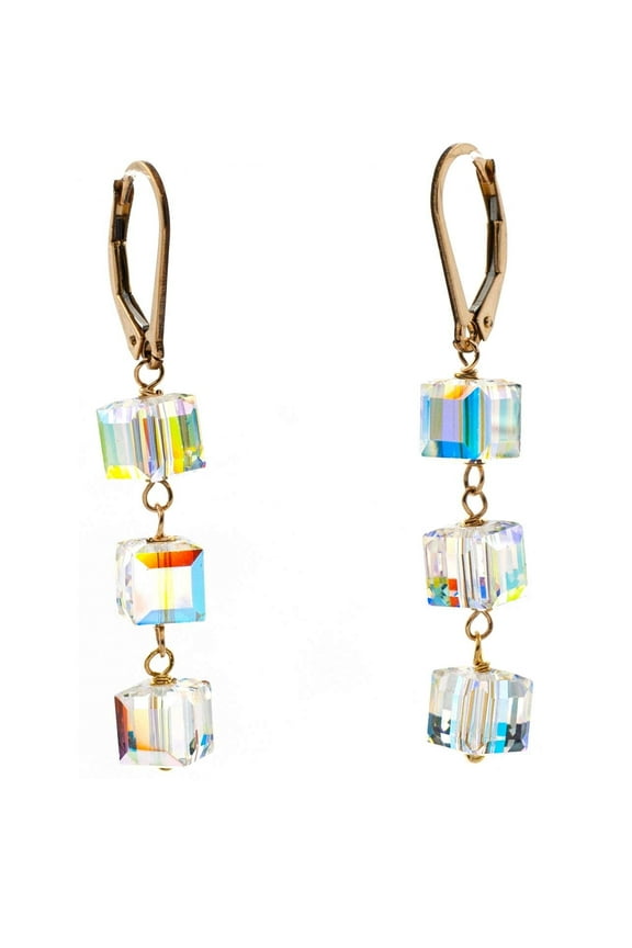 Linear Triple Drop Lever-back Earrings Made with Gold-Filled Aurora Borealis Cube-Shaped Austrian Crystals
