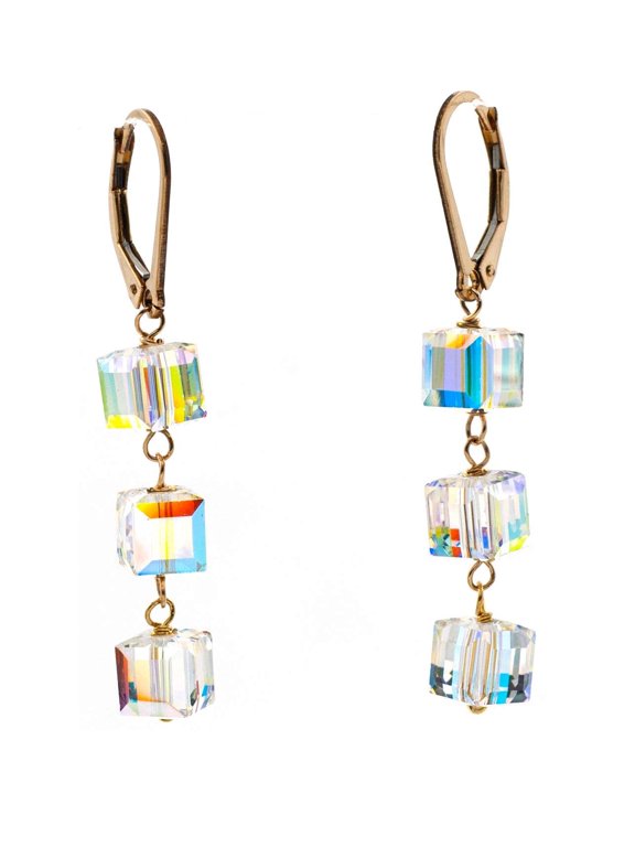 Linear Triple Drop Lever-back Earrings Made with Gold-Filled Aurora Borealis Cube-Shaped Austrian Crystals