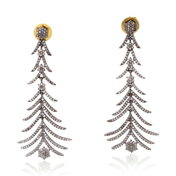 14 kt Gold Pave Diamond Sterling Silver Designer Dangle Earrings Jewelry