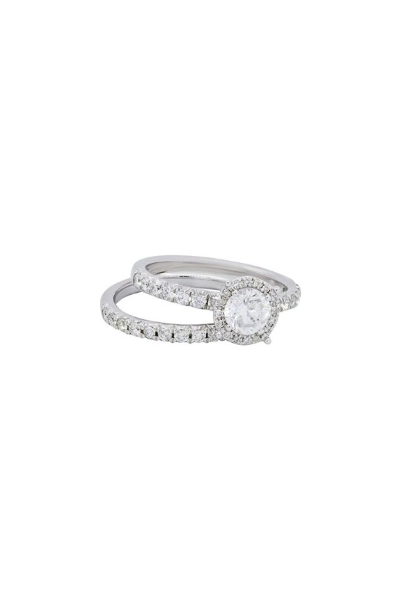 14 Kt White Gold Diamond Ring With Double Ring And Center 0.75 Cts Tw Round Diamond Adorned With Surrounding 0.75 Cts Tw Diamonds