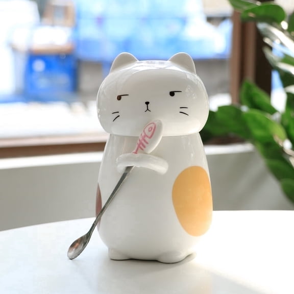 14 oz Cute Calico Cat Ceramic Mug with Lid and Spoon - Kawaii Coffee Cup for Women Girls - Lead-Free Tea Tumbler Birthday Gift