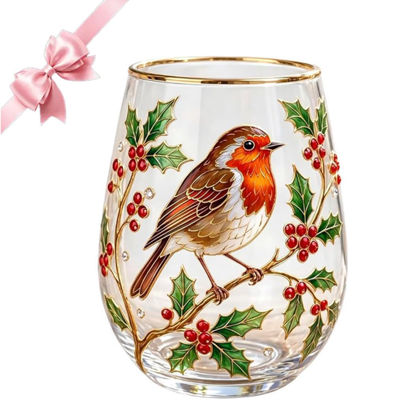 14 oz Gold Rim Glass Tea Cup, Winter Robin Bird Holly Motif, Clear Cup for Loose Leaf Tea Hot Cold Drinks, Stemless Nature Decor Gift for Wife Her