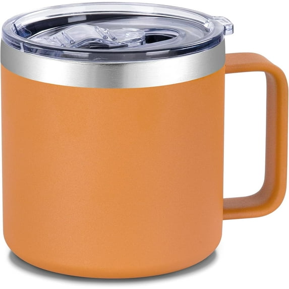14 oz Insulated Coffee Mug with Handle, Stainless Steel Travel Coffee Mug with Lid, Double Wall Vacuum Metal Coffee Cup, Coffee Tumbler Powder Coated, Orange 1 Pack