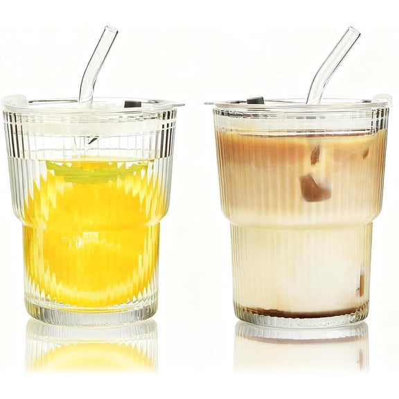 14 oz Ribbed Glass cups with Lids and Straws, 2 Pack Iced Coffee Cups, Thickened Glassware Set, Ripple Design Glass Cups for Coffee, Soda, Smoothies, Cocktails and Juice