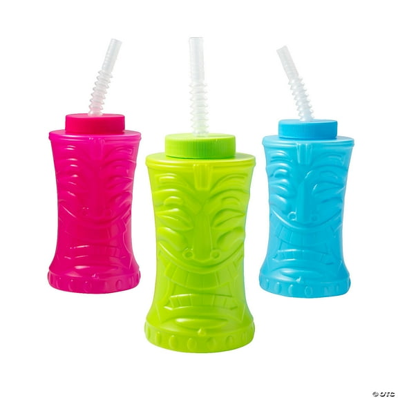14 oz. Tiki Reusable Plastic Cups with Lids & Straws - 12 Count