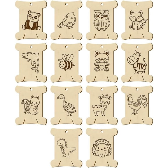 14 pcs 14 styles Wooden Thread Winding Boards 2.48x1.98 Inch Wood Floss Organizer 0.16 Inch(0.4cm) Hole Animal Pattern Card Floss Winder for Embroidery Cross-Stitch Sewing Craft Wood