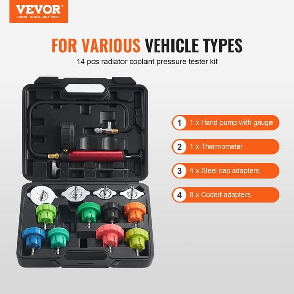 14 pcs Universal Radiator Pressure Tester Kit,Coolant Pressure Tester Kit with Manual Pump&Color-coded Steel Test Cap Adapters,with Toolbox,For Cars Motorcycles Trucks Cooling System