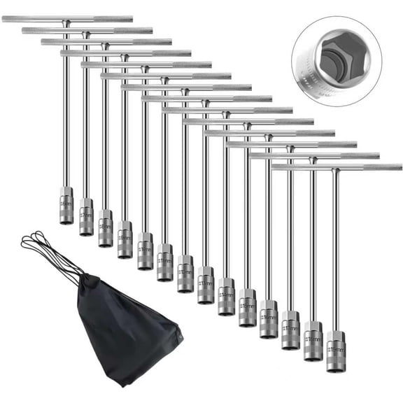 14-piece Cr-V Chrome Vanadium Steel T-handle Socket Wrench Set, Dual-use for Home and Auto Repair, Multi-size T-handle Hex Socket Wrench Set with Storage Bag (14 Pack)