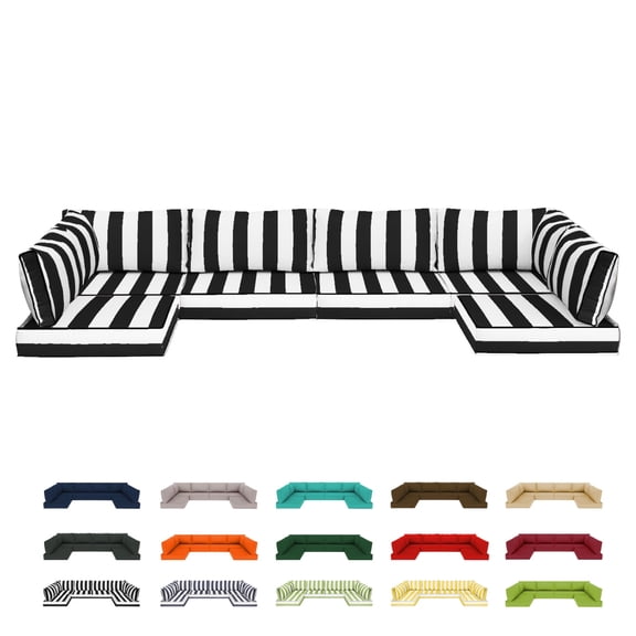 14-piece Outdoor Sectional Cushions Replacement Set, Black White Stripes Deep Seat Patio Furniture Cushions, Waterproof & Fade Resistant Couch Cushions For 6-seat Wicker Conversation Sets