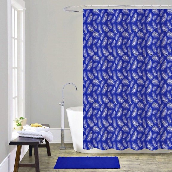 14 pieces Feather Royal Bathtub Shower Curtain With 12 Hooks and Matching Bath Mat Rug Non Slip Super Soft Chenille for Bathroom Décor