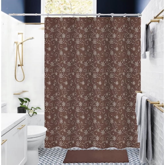 14 pieces Swirls Brown Bathtub Shower Curtain With 12 Hooks and Matching Bath Mat Rug Non Slip Super Soft Chenille for Bathroom Décor
