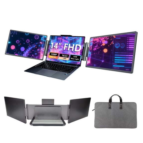 14" portable monitor Laptop Screen Extender, Tri-Screen Portable Monitor with two 14 inch screens 16:10 IPS FHD 1080P HDR MiniHDMI USB-C USB-A Eye Care dual speakers for PC Phone PS4 Xbox Mac