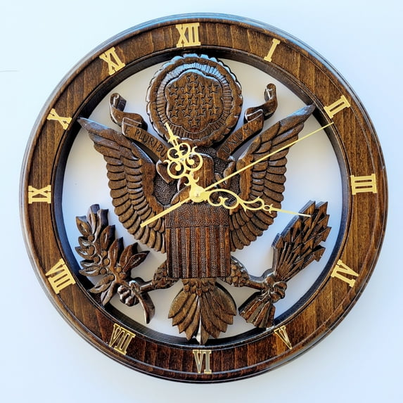 14" Wall Clock With Unique Design. Beech Wood, Handcrafted With US Symbols.