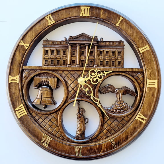 14" Wall Clock With Unique Design. Beech Wood, Handcrafted With US Symbols.