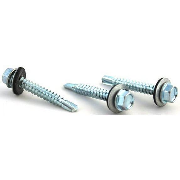 #14 x 1" Self-Drilling Screws / Unslotted / Hex Washer Head / Steel / High Corrosion Silver Ruspert / Bonded Neoprene Washer - 1000 Piece Carton