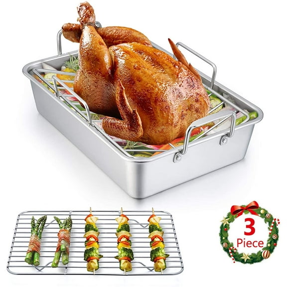 14 x 10.6 Inch Roasting Pan, Stainless Steel Turkey Roaster with V Rack & Baking Rack Set, Small Heavy Duty Deep Broiling Pan for Oven Cooking Lasagna Meat Chicken - Dishwasher Safe