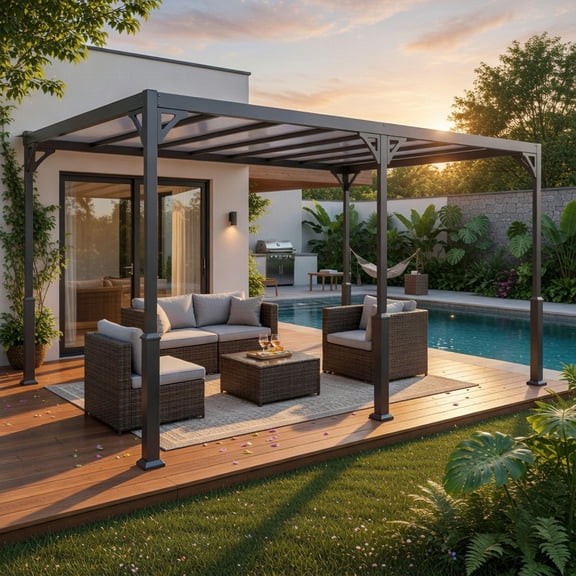 14' x 10' Lean-to Wall Gazebo, Weather-Resistant Hard Roof, Reinforced Steel Construction, Spacious Patio Shade, Outdoor Canopy Shelter for Backyard & Deck(Grey)