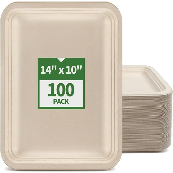 14 x 10 x 0.8 Inch Disposable Rectangular Food Trays 100 Pack Compostable Sugarcane Fiber