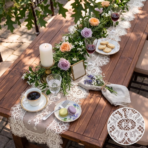 14 x 120 Inch Vintage White Lace Table Runner, Floral Hollow-Out Embroidered Fabric Decor, 12-Pack