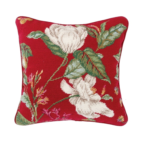 Double Magnolia Needlepoint Accent Pillow