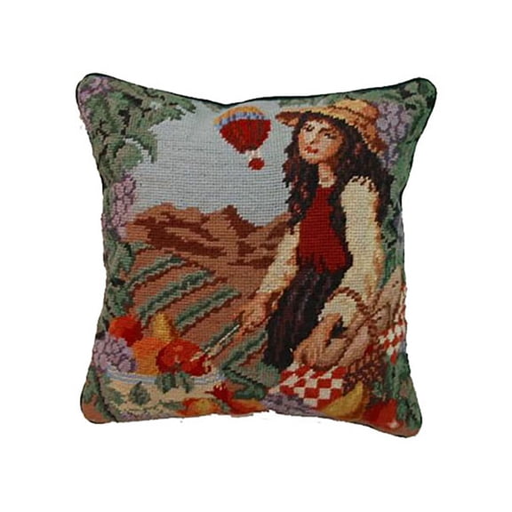 14" x 14" French Harvest Girl Needlepoint Pillow