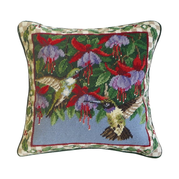 Hummingbird & Fuchsias Needlepoint Accent Throw Pillow