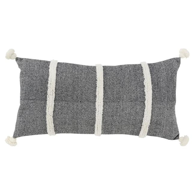 Black and White Cotton Lumbar Throw Pillow with Tassels