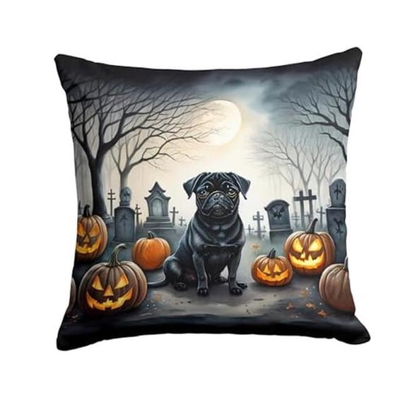14 x 14 in. Unisex Black Pug Spooky Halloween Fabric Decorative Pillow