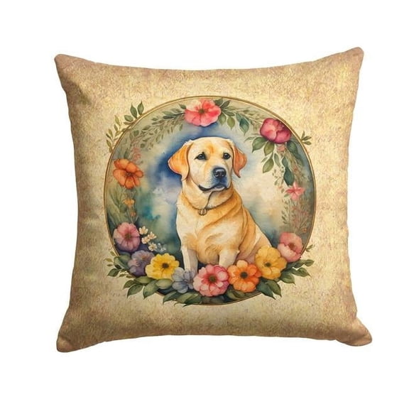 14 x 14 in. Unisex Yellow Labrador Retriever & Flowers Fabric Decorative Pillow