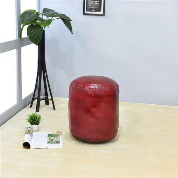 14 x 14 x 14 in. Recycled Foam Solid Handmade Leather Round Ottoman Pouf with Fibre Fill, Dark Pink