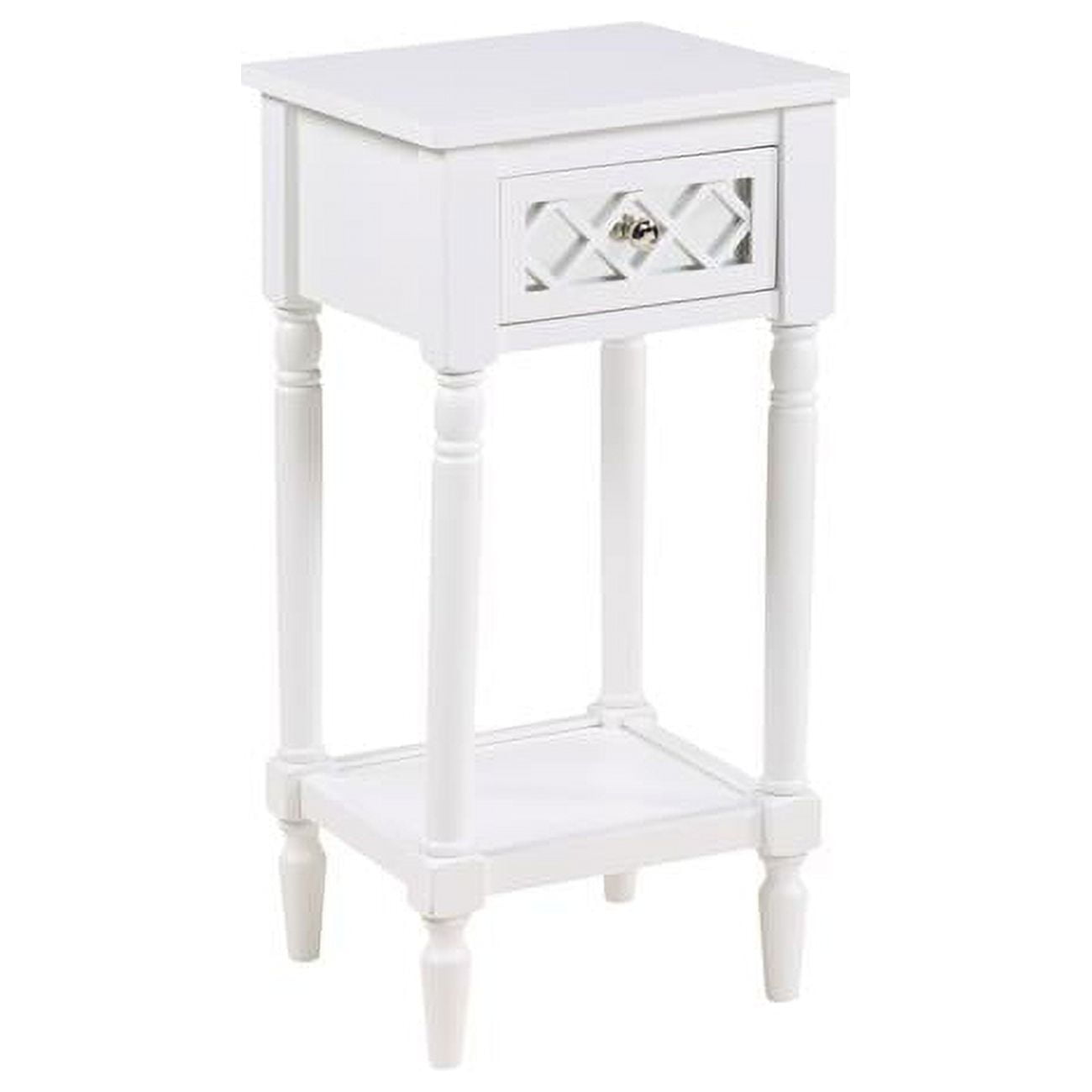 White Pinewood Square Accent Table with Mirrored Drawer