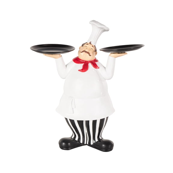 14" x 16" White Polystone Kitchen Decorative Figurine Chef Sculpture with Black Trays, by DecMode