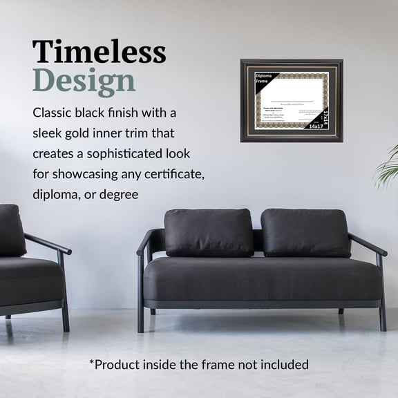14" x 17"  Black with Gold Rim Diploma Frame, Displays 14" x 17" Certificate or 16" x 20" Document without Mat, College Degree Frame, Full-Strength Glass, Black Mat