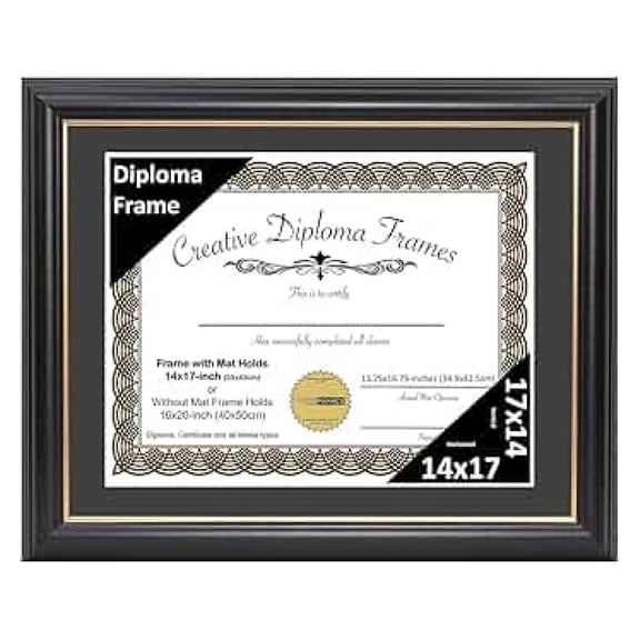14" x 17" Rockefeller Black with Rim Diploma Frame, Displays 14" x 17" Certificate or 16" x 20" Document without Mat, Degree Frame, Full-Strength Glass, Black Mat