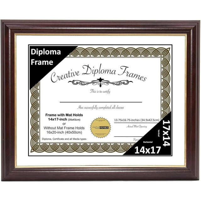 14" x 17" Rockefeller Mahogany with Gold Rim Diploma Frame, Displays 14" x 17" Certificate or 16" x 20" Document without Mat, College Degree Frame with Glass, White Mat