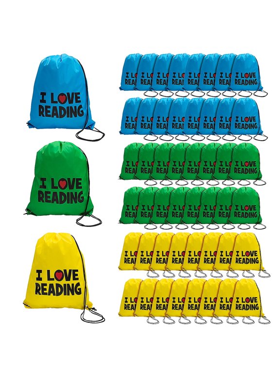 14" x 18" Bulk 48 Pieces Large I Love Reading Nonwoven Drawstring Bags