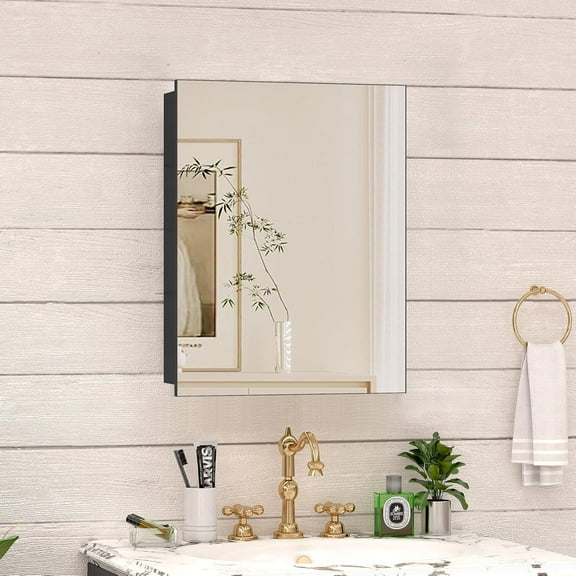 14 x 18 Farmhouse Medicine Cabinet for Bathroom, Small Black Bathroom Mirror with Storage, Tempered Glass, Frameless Recessed or Wall Mount Aluminum Medicine Cabinet - Pre-Assembled
