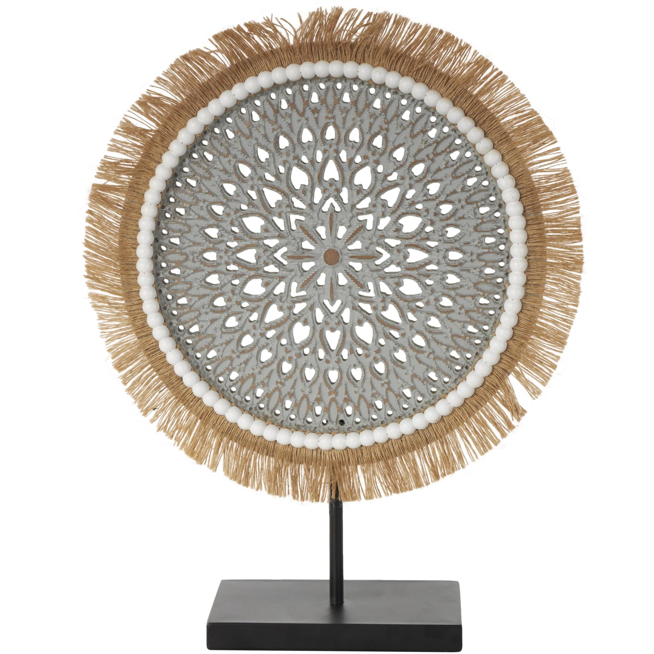 14" x 18" Gray Wooden Handmade Seagrass Fringed Tribal Sculpture with Black Base, by DecMode