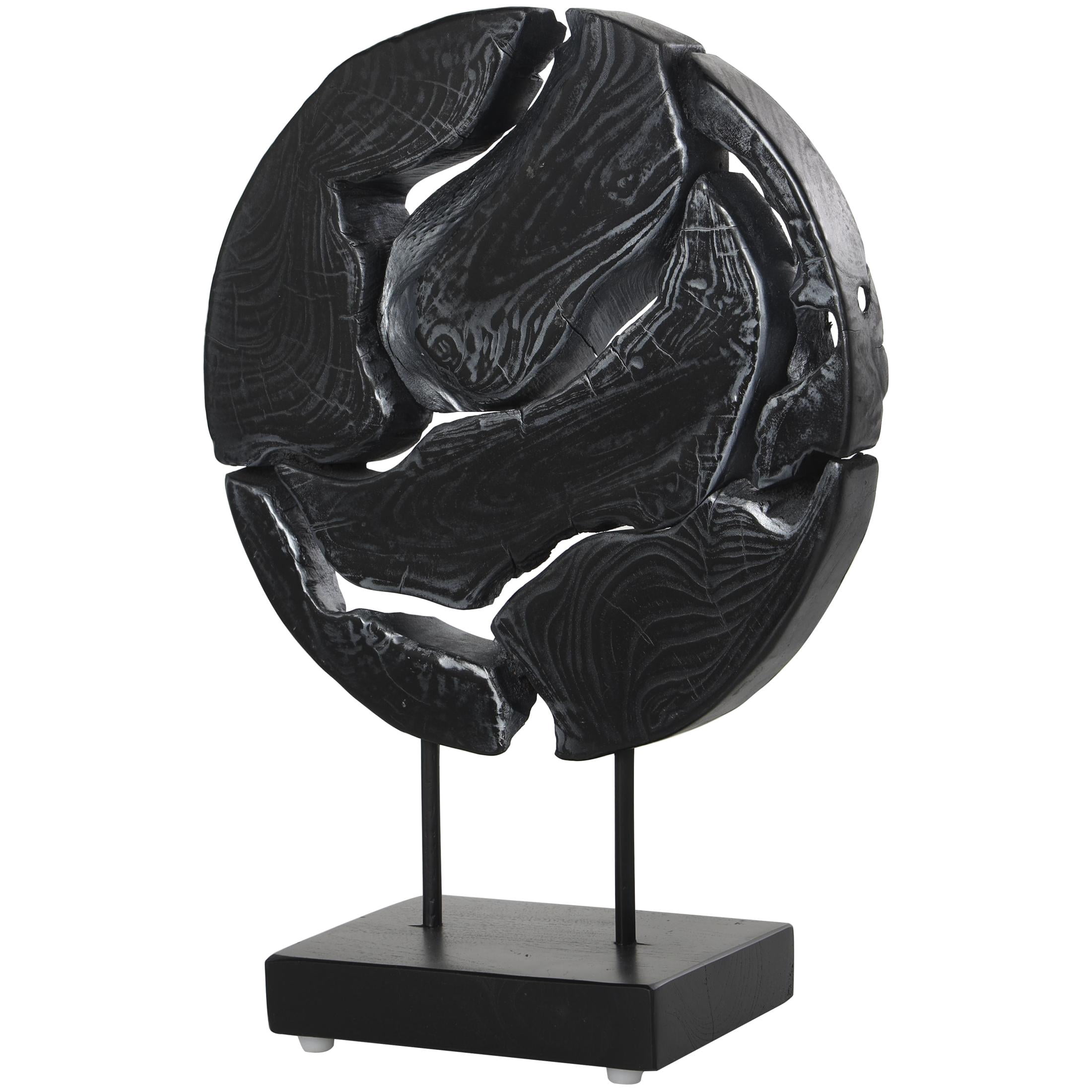 14" x 19" Black Teak Wood Circular Cutout Abstract Sculpture with Natural Wood Grain Patterns and Black Base, by DecMode